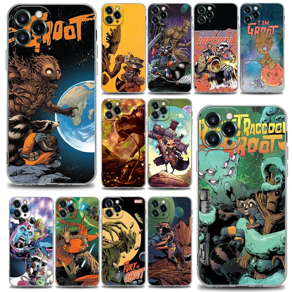 

Marvel Comic Shell Case for iPhone 11 12 13 14 Pro Max Mini SE XR XS 7 8 Plus Transparent Cover Rocket Raccoon And Groot Fundas