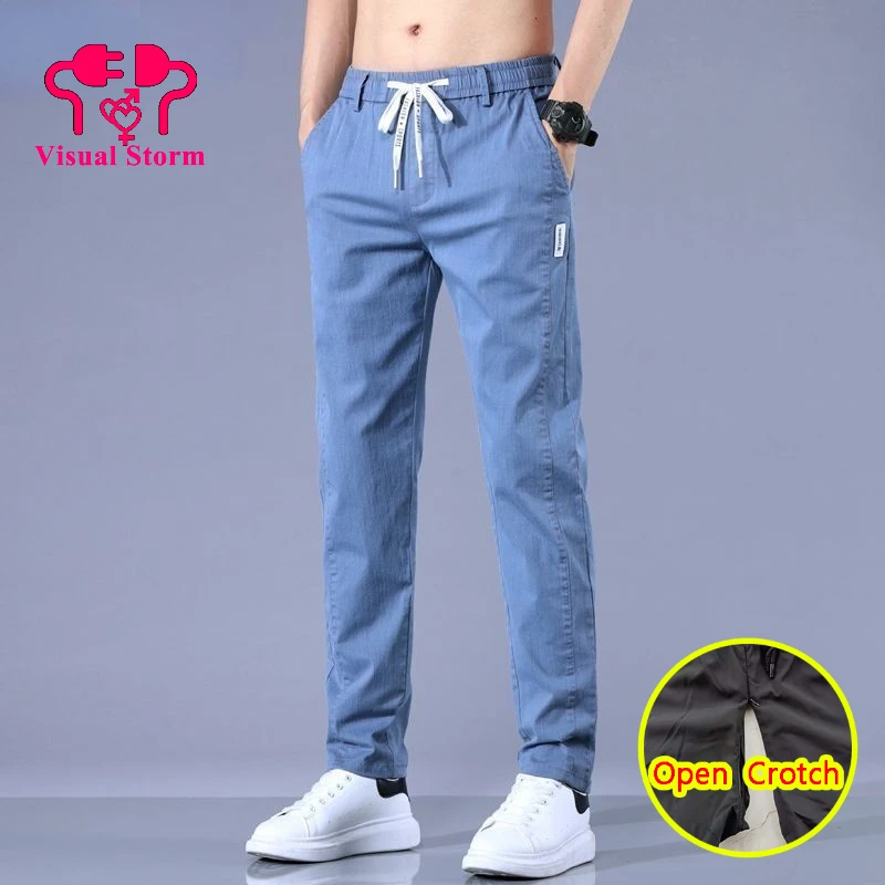 Летние мужские джинсы с открытой промежностью походная легкая одежда модные