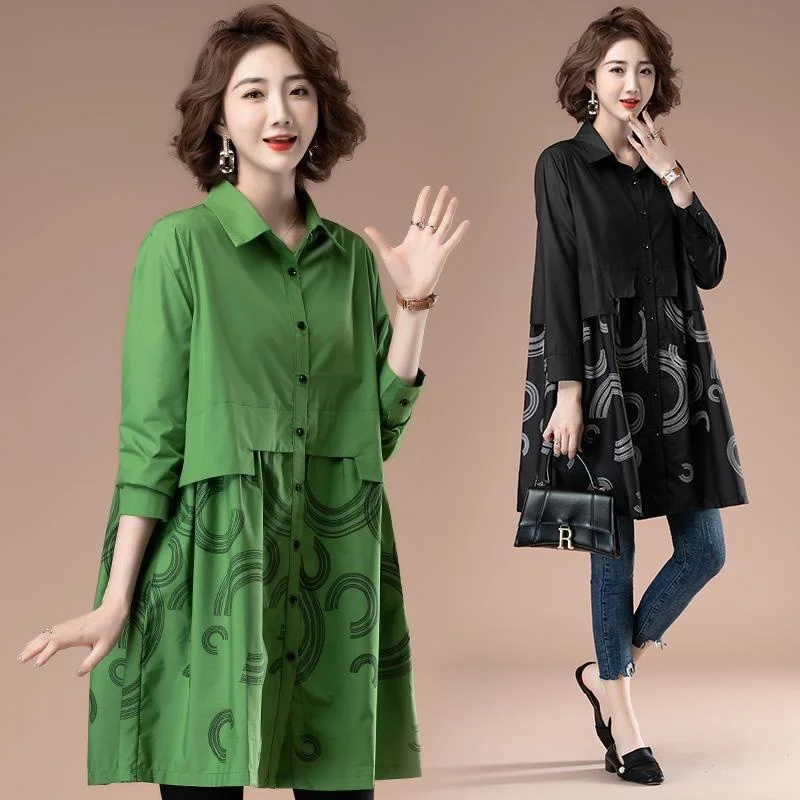 

Europe America Women Trench Coat Embroidered Shirt Tops 2022 Spring Autumn Long-Sleeve Loose Mid-Length Casual Outerwear Fashion