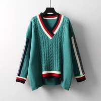 2020 autumn and winter fashion womens long sleeved v neck wild color contrast twist pullover knitted sweater