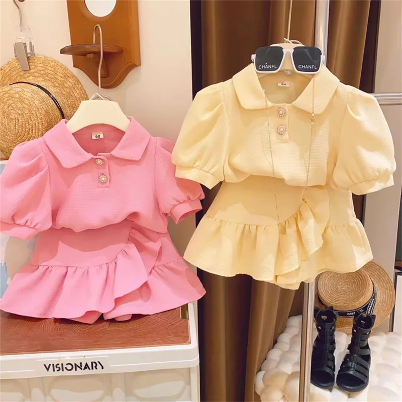 

2023 Summer Children Sets Korean Fashion Girls Bubble Polo Neck Short Sleeve + Short Skirt 2pcs Solid Cute and Sweet Suit