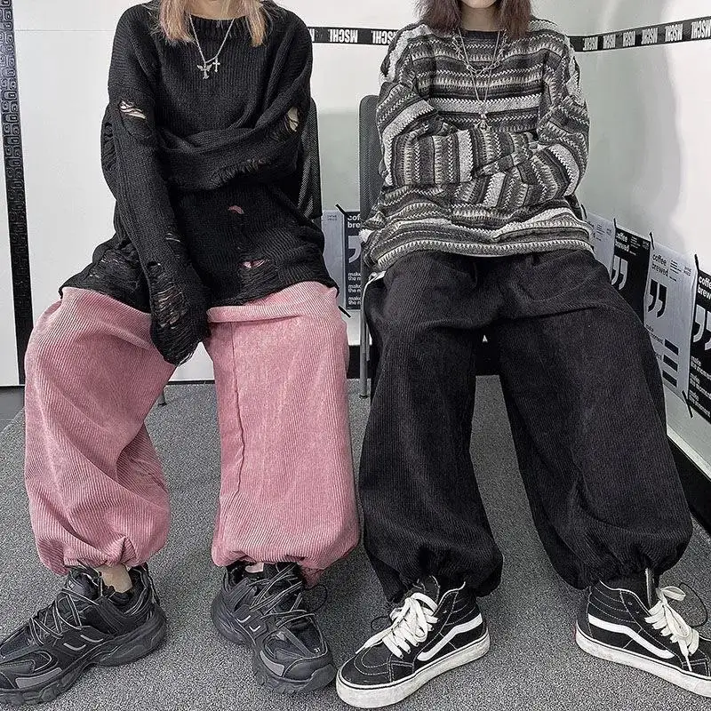 

Streetwear Women Corduroy Baggy Leg Trousers Y2K Korean Fashion Harajuku Casual Loose Pants Elastic Waist Hip Hop Women Trousers