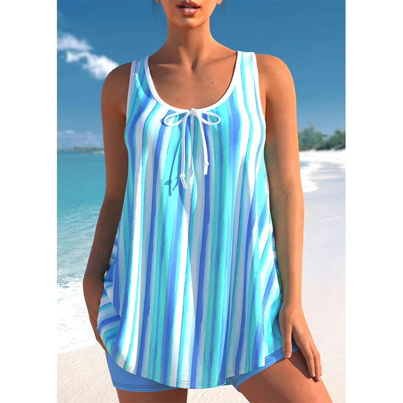 

Plus Size Women Stripe Swimwear Two Pieces Bathing Suit Swimming Swimsuit Swimdress Tankini Casual Beachwear Beach