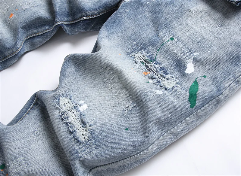 Men's Colorful Graffiti Printed Jeans Y2K Colorful Slim Fit Tapered Elastic Casual Pants Fashion Street Clothing Small Foot Pant