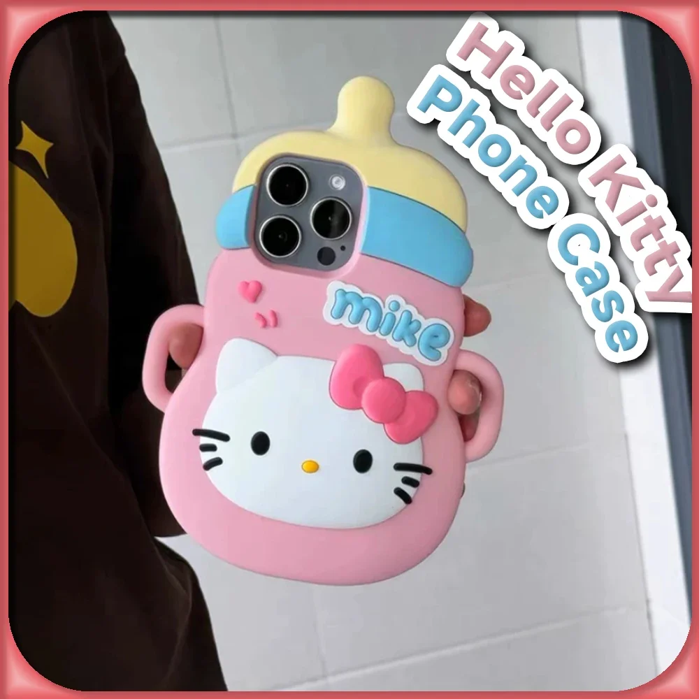 Силиконовый чехол Kawaii Baby Bottle Hello Kitty 3D для iPhone 15 14 13 12 11 Pro Max Sanrio милый модный