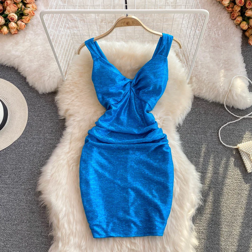 

Пикантное вечернее мини-платье на бретелях-спагетти с V-образным вырезом, яркое шелковое облегающее летнее платье, Женская однотонная облег...