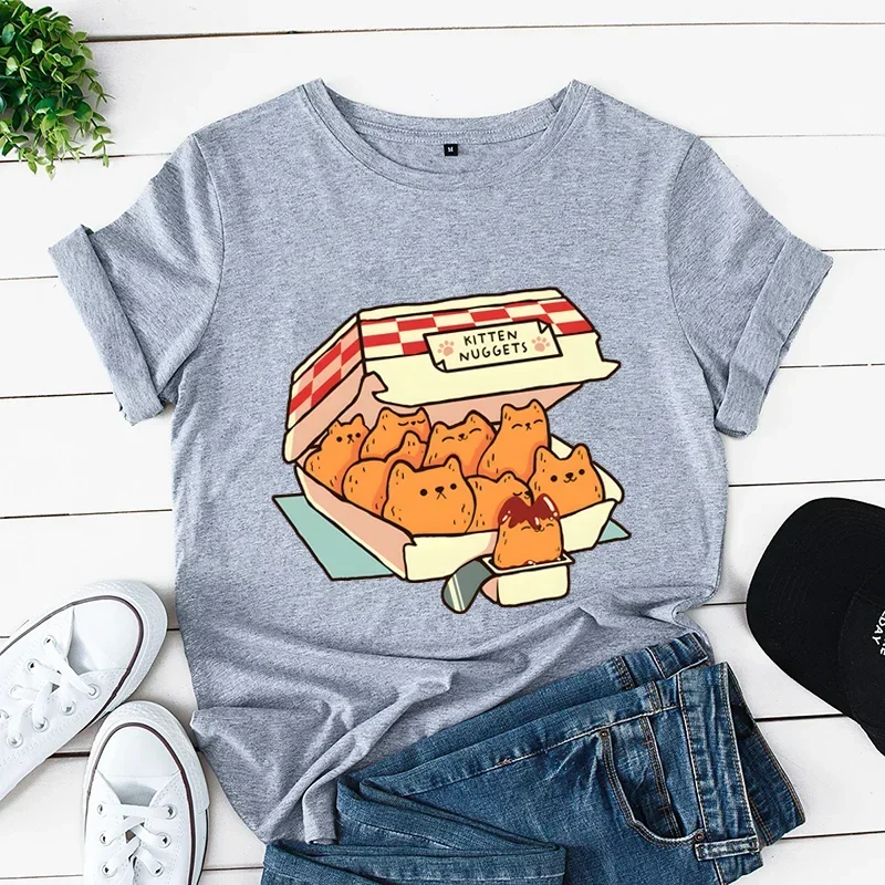 Y2k мультяшная футболка с изображением котят Nuggets фаст-фуд Кот Печать Женская утка