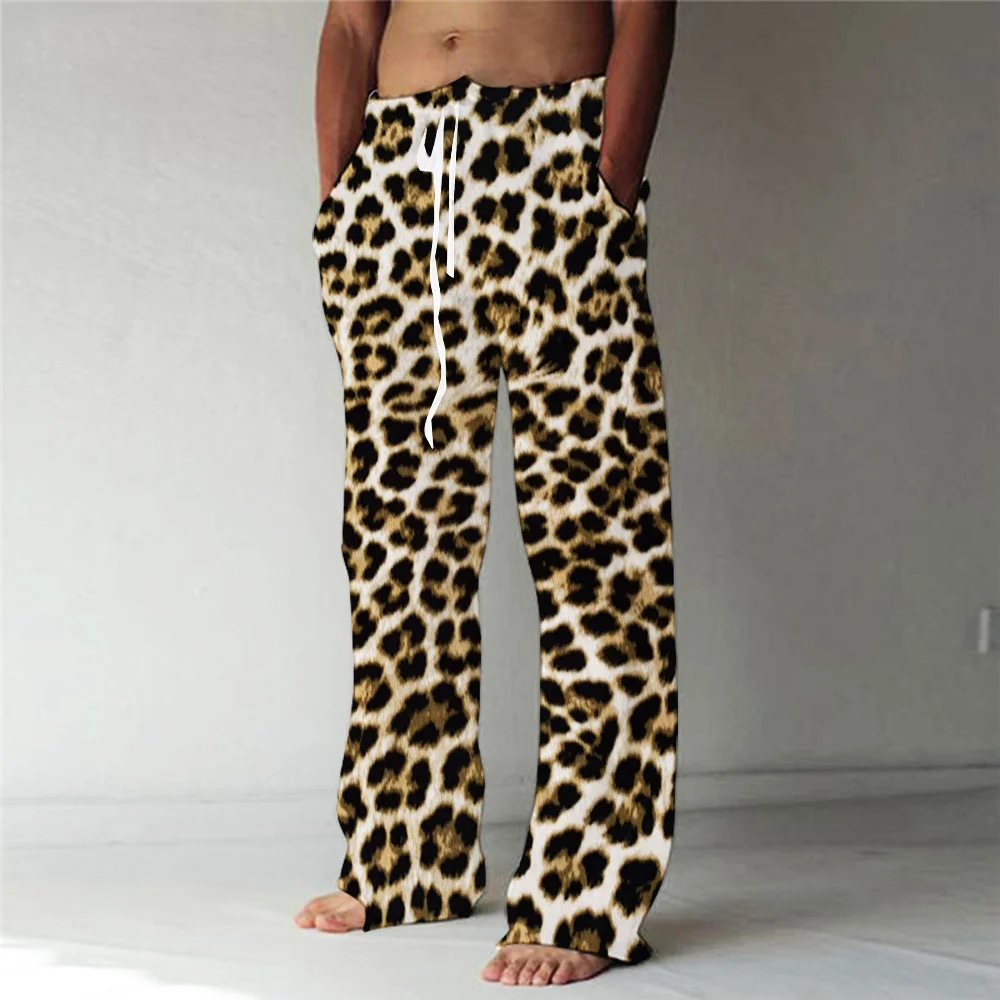 2023 Spring Men's Leopard 3D Casual Sexy Trousers Baggy Pant Pockets Drawstring Elastic Waist Texture Pants Yoga Comfort Soft