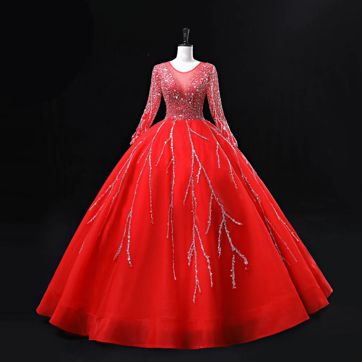 

2023 Long Sleeves Red Evening Dresses Ball Gown Prom Dresses Sheer with Sequins Beadings Plus Size Quinceanera Dresses
