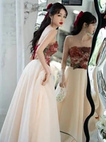red sweetheart bridesmaid dresses high quality o neck straps appliques bustier a line lace up backless formal evening party gown