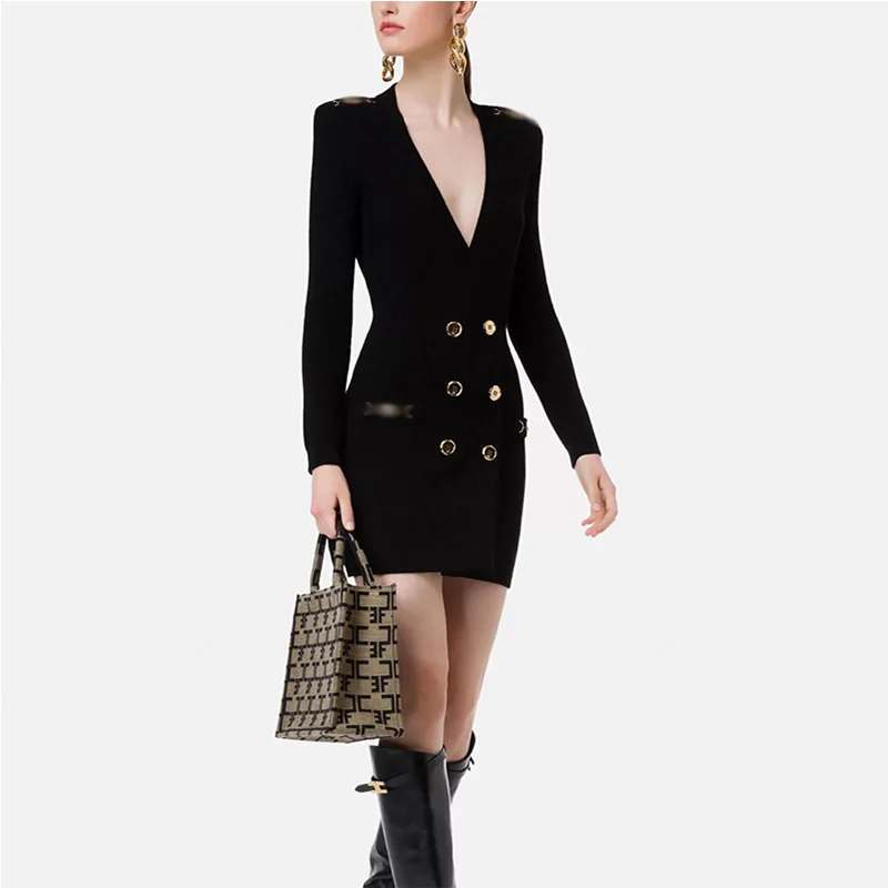 

Matel Buttons Fashion V-Neck Women Bodycon Mini Dress Full Sleeves Knitting Slim Fit Bodycon Lady Black Dresses Clothing