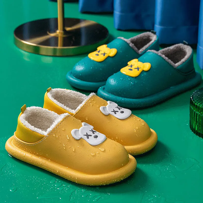 Leather Slippers for Women Cute Bear Water Proof Women Slippers Home Warm Indoor Winter Slippers Female Plush House Shoes Lovely