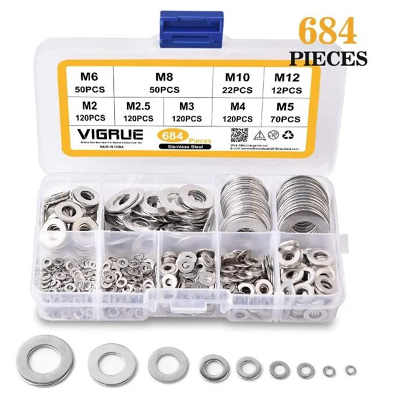 

684/1035pcs Stainless Steel Flat Washer Set Plain Gasket Assortment Kit Sump Plug Oil For General Repair Seal Ring