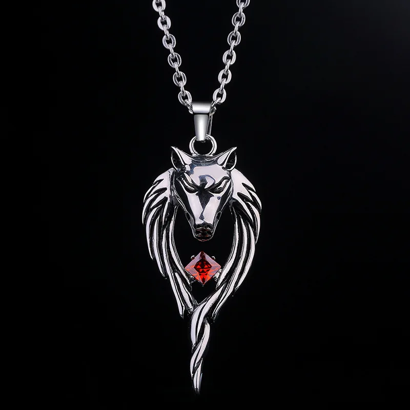 

New Trendy Retro Wolf Head Totem Inlaid Red Zircon Pendant Necklace Men Domineering Street Motorcycle Party Jewelry Gift