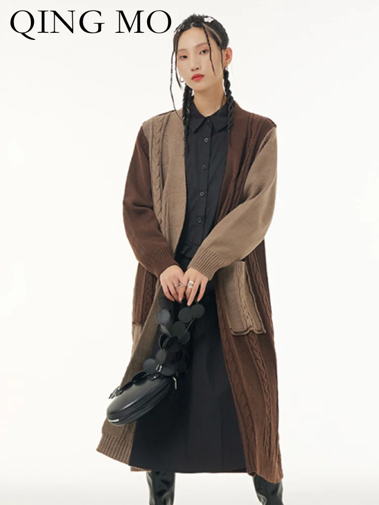 

QING MO 2023 Autumn Winter Large Size Women Clothing Loose Show Thin Coat Contrast Color Mid Length Knitted Trench ZXF729