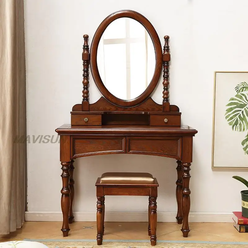 

Classical Master Bedroom Solid Wood Walnut Color Makeup Round Mirror Dressing Table Simple Italian Drawer Storage Furniture