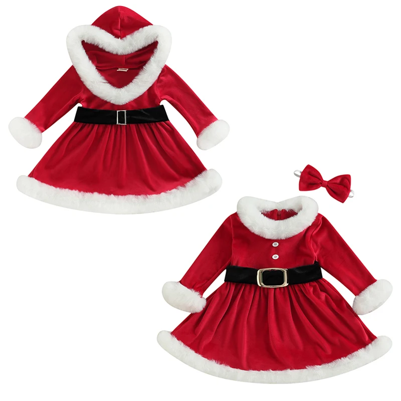 

Toddler Baby Clothes Girl Christmas Hood Dress Long Sleeve Plush Patchwork Contrast Color Spring Autumn A-Line Dress with Belt