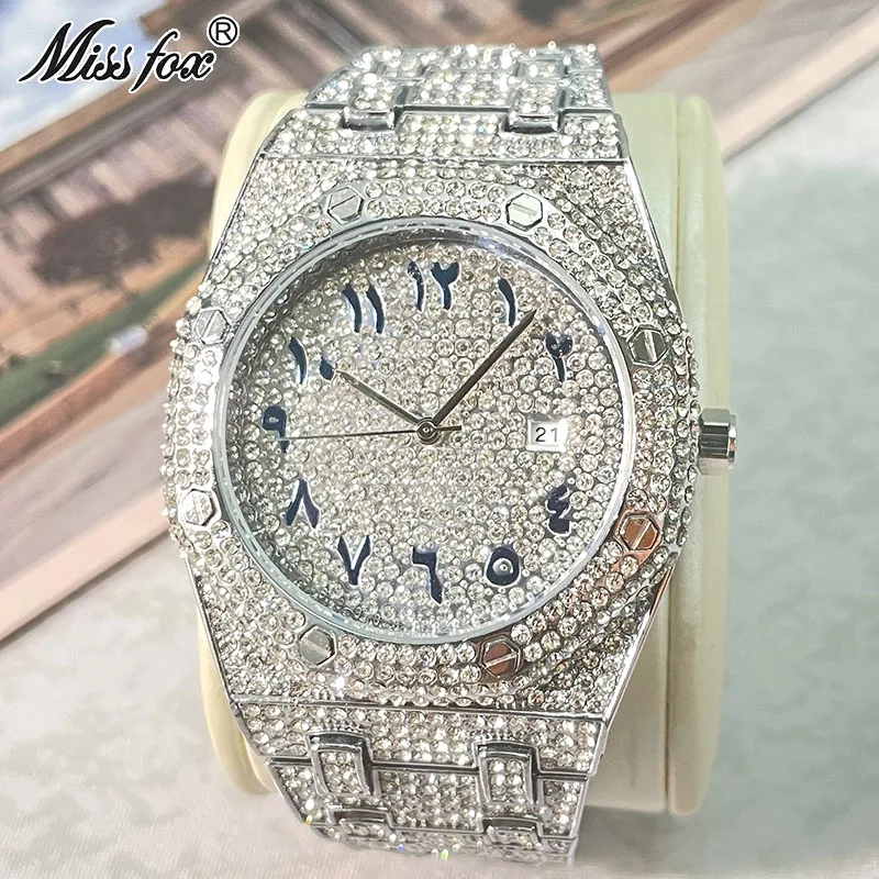 

Hip Hop Brand MISSFOX Iced Out Fashion Watch Men Silver Full Diamond Waterproof Watches Steel AAA Clocks Free Shipping Male Gift