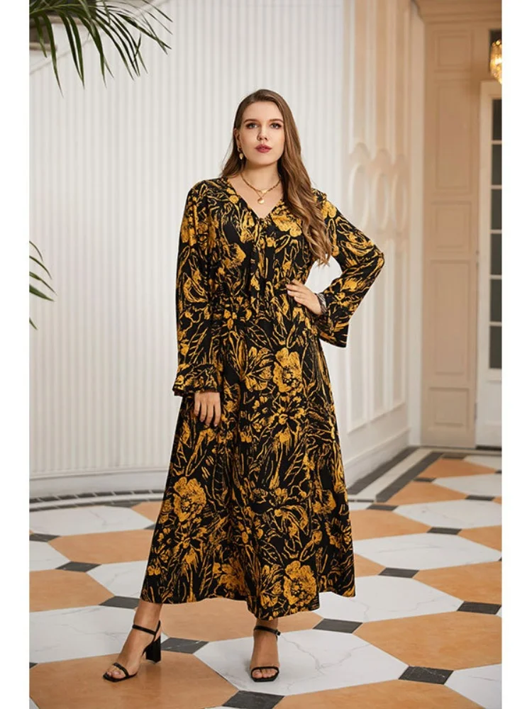 New feminine plus-size women's vintage mid-length loose floral casual V-neck dress plus size women clothing  party dresses