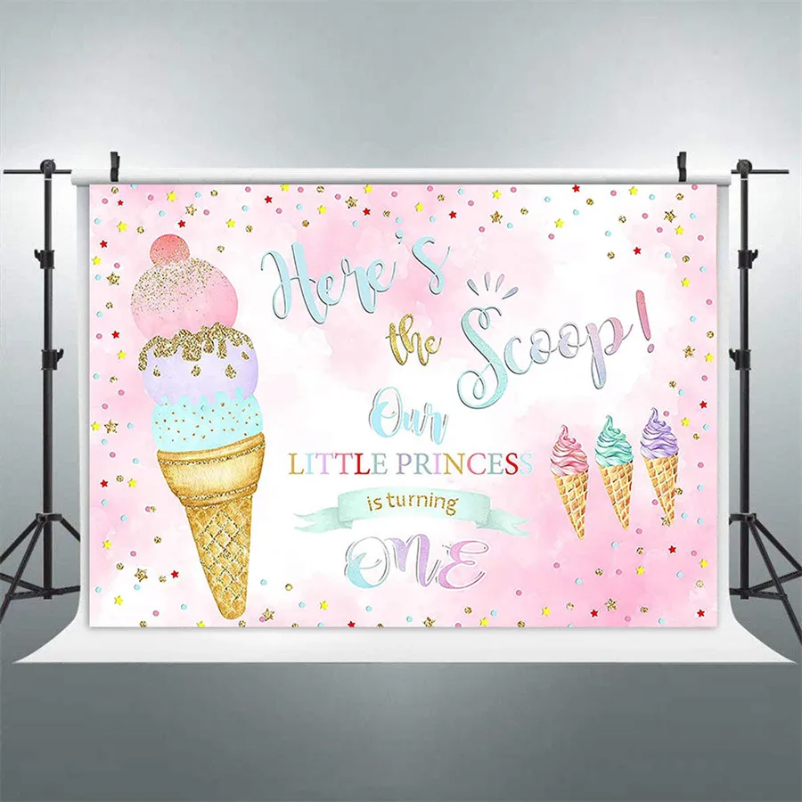 

Ice Cream Theme Birthday Party Backdrop Here's The Scoop for Girl Prinecess Turning One Background Banner Poster 1st First Bady