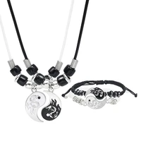 dragon tai chi yin yang couple bracelets necklaces set alloy pendant adjustable braid chain bracelet matching lover jewelry set