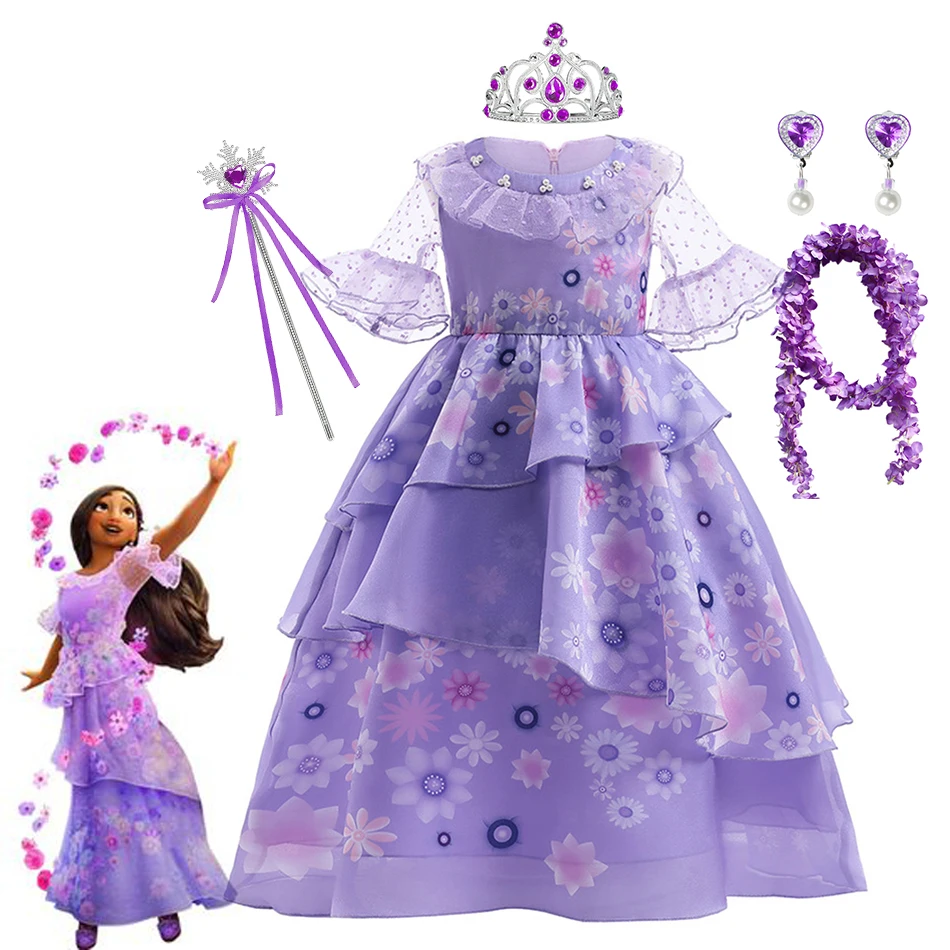 

Encanto Cosplay Costume Girl Dress For Carnival Birthday Princess Party Clothes Flower Ruffles Long Dress Girl Mirabel Dress