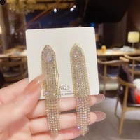2022trendy rhinestone long metal tassel dangle earrings for women luxury big gold silver koren statement wedding jewelry gift