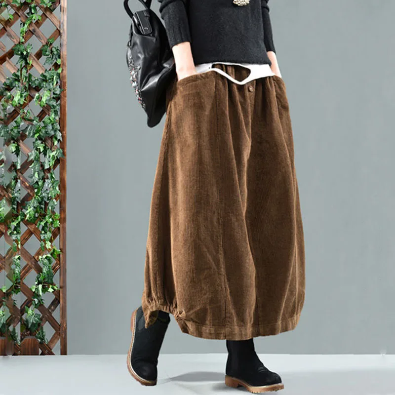 

Женская Вельветовая юбка с поясом на резинке, коричневая винтажная длинная свободная юбка-трапеция средней длины, большие размеры, Осень-зи...