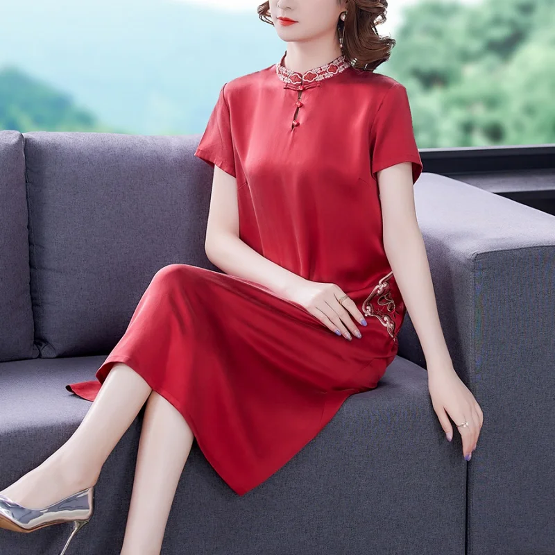 

Новинка 2023, модное черное шелковое платье, женское летнее универсальное улучшенное платье-Ципао с коротким рукавом, свободное повседневное праздничное платье, Vesidos