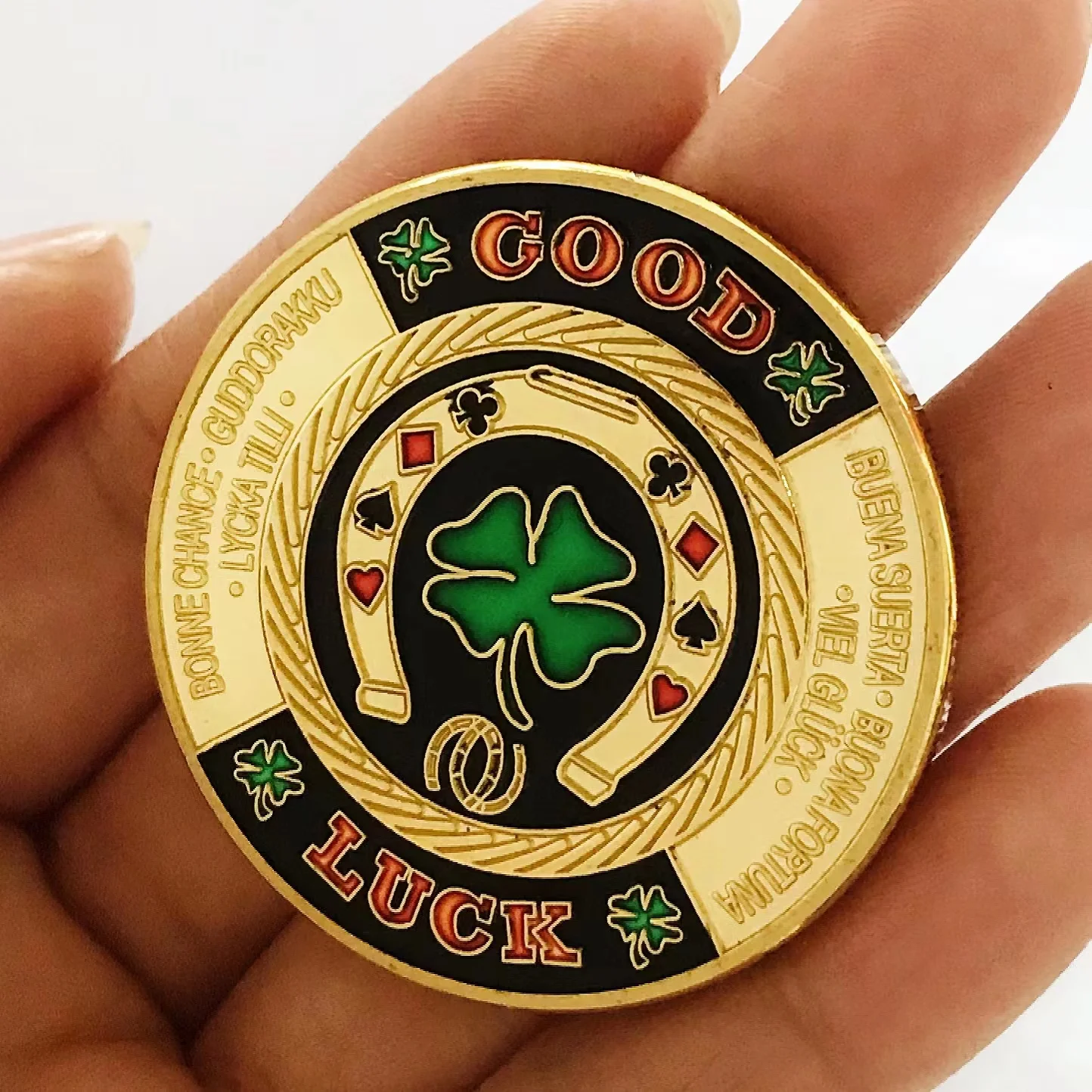 

Gold Green Clover Good Luck Challenge Coin Fashion Poker Card Guard Chips Token Coin Collections With Coin Capsule Collectible