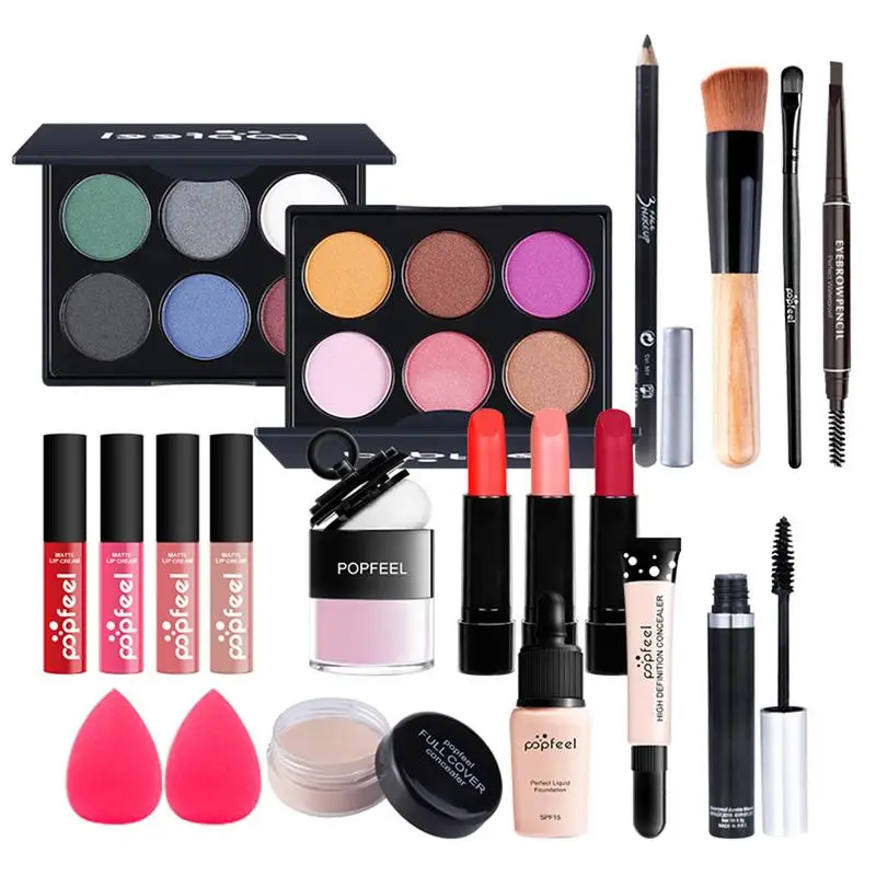 

20pcs All In One Makeup Set Concealer Lipstick Concealer Stick Eye Shadow Mascara Eyebrow Pencil Brush Cosmetic Bag For Beginner