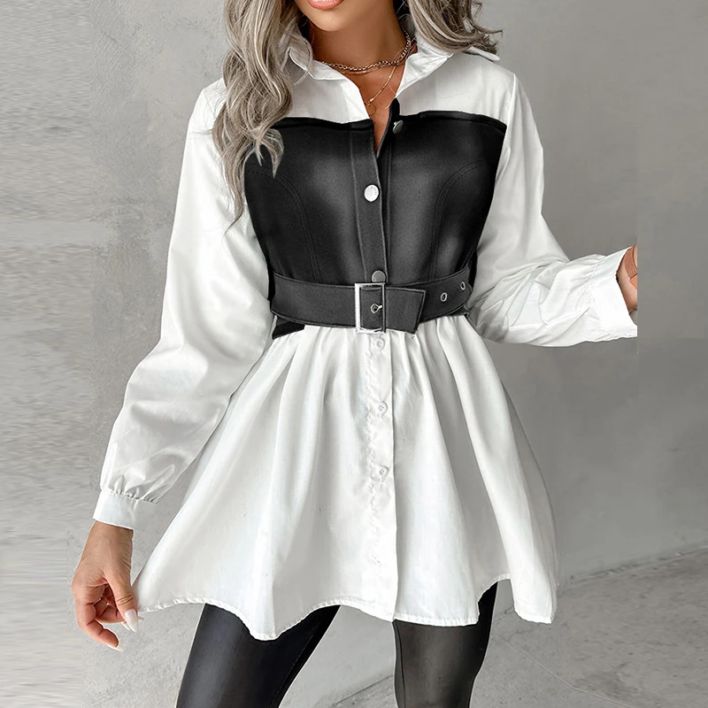 

Elegant PU Jeans Patchwork Women Blouse Fashion Lapel Collar Hem Sweat Shirts Casual Female Long Sleeve Buttoned Commuter Tops