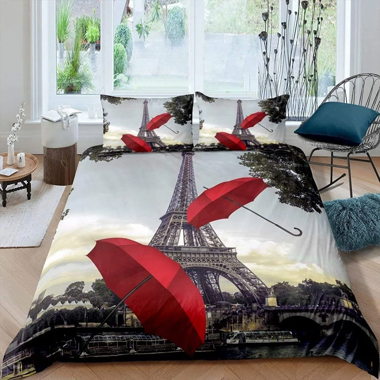 

Paris Duvet Cover Vintage Eiffel Tower Red Umbrella Soft Breathable Paris Bedding Set Microfiber Double Queen King Quilt Cover