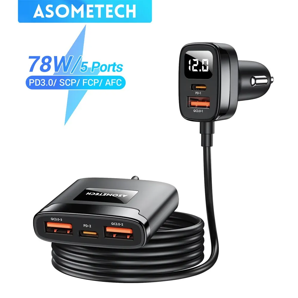 Автомобильное зарядное устройство ASOMETECH 78 Вт USB с 5 портами быстрой зарядки PD3.0 QC3.0