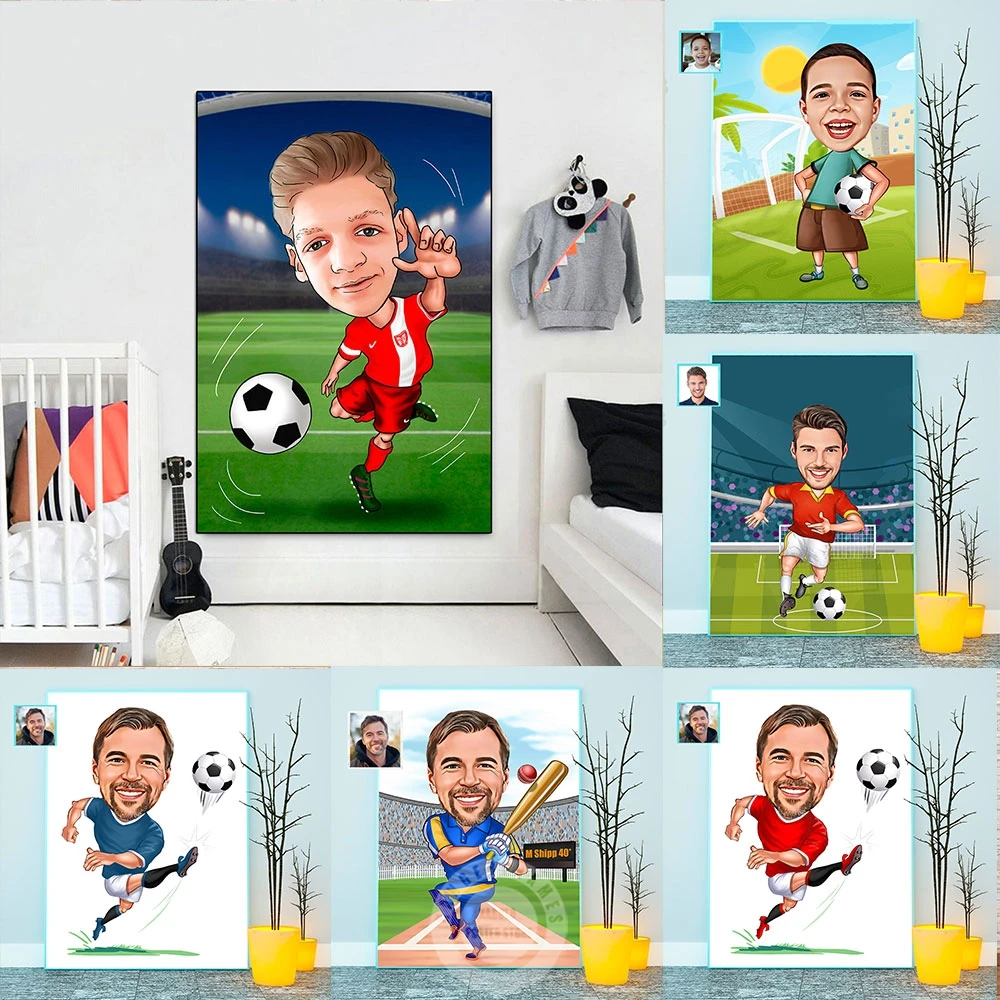 

Personalized Custom Footballer Cartoon Portrait Poster Canvas Painting Funny Soccer Player Print Boys Kid Room Home Decor Gift