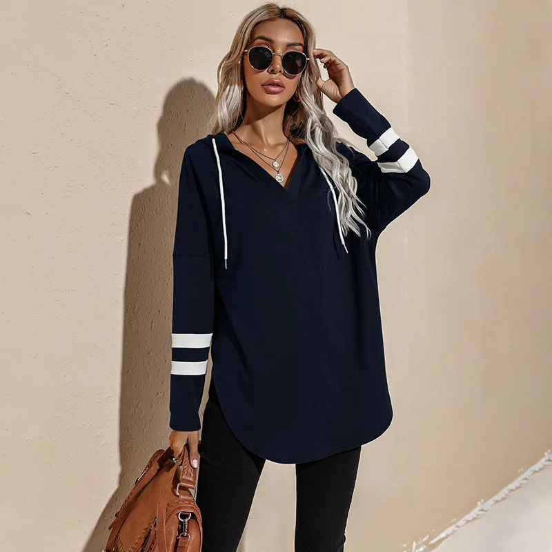 

Spring 2022 New Loose Stripe Solid Color Irregular Thin Women Hoodie Casual And Versatile V-Neck Long Sleeved Top Sweater Coat