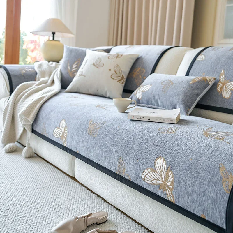 Modern Chenille Sofa Cover Butterfly Embroidery Cushion Four Season Universal Couch Mat Living Room Anti-slip