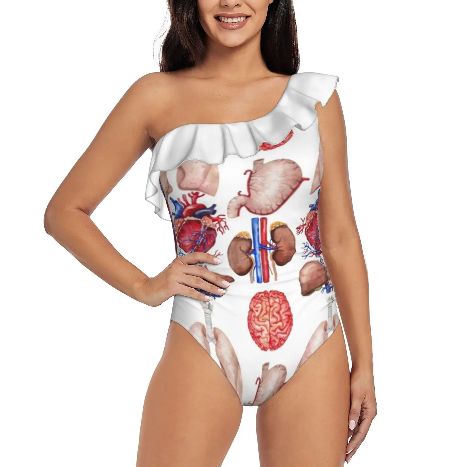 

Watercolor Anatomy Collection One Piece Swimsuit Women Ruffle Monokini Shoulder Swimsuit Bathing Suit Swim Wear Human Heart