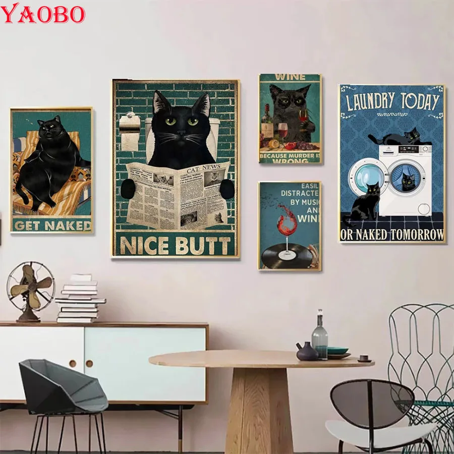 

Полностью Алмазная вышивка, Искусственная черная кошка, ваша ягодица, салфетки 5D, Забавный знак для ванной комнаты, украшение для дома