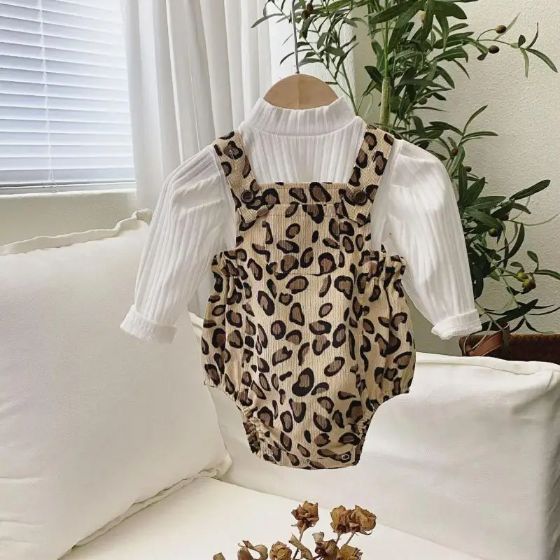 

0-3y Infant Girl New Sexy Leopard Print Sleeveless Bodysuit Loose Cotton Jumpsuit + Solid Striped All-match Bottoming Shirt Set