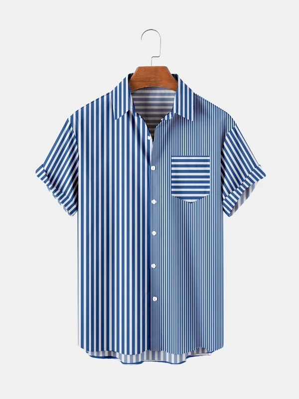 

Men Clothing 2022 Summer Short Sleeve Shirts Colorblock Stripes Digital Print Shirts Men's Top Shirts