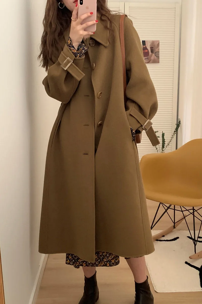 

Женское двухстороннее свободное шерстяное пальто выше колена с длинными рукавами