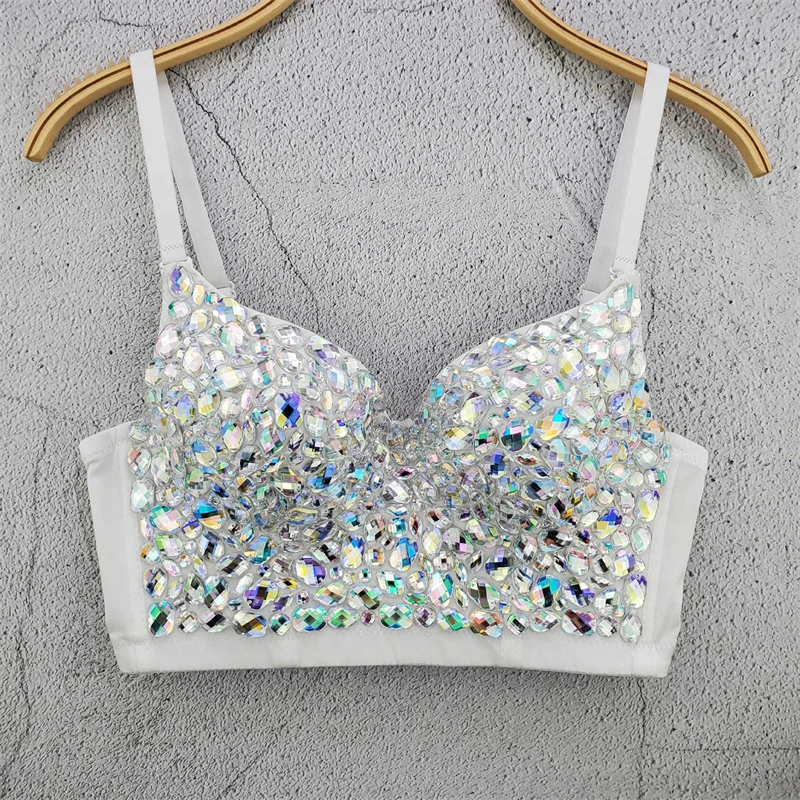 

Women Rhinestone Bustier Crop Top Spaghetti Strap Sexy High Quality Push Up Corset Vest Mature Clubwear Woman Clothing