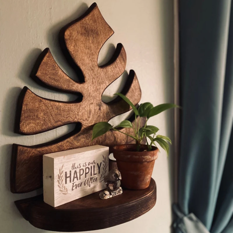 

Wall Mounted Wooden Floating Shelf Monstera Leaf Shaped Storage Rack Home Shelf Plant Display Holder For Living Room Bedroom
