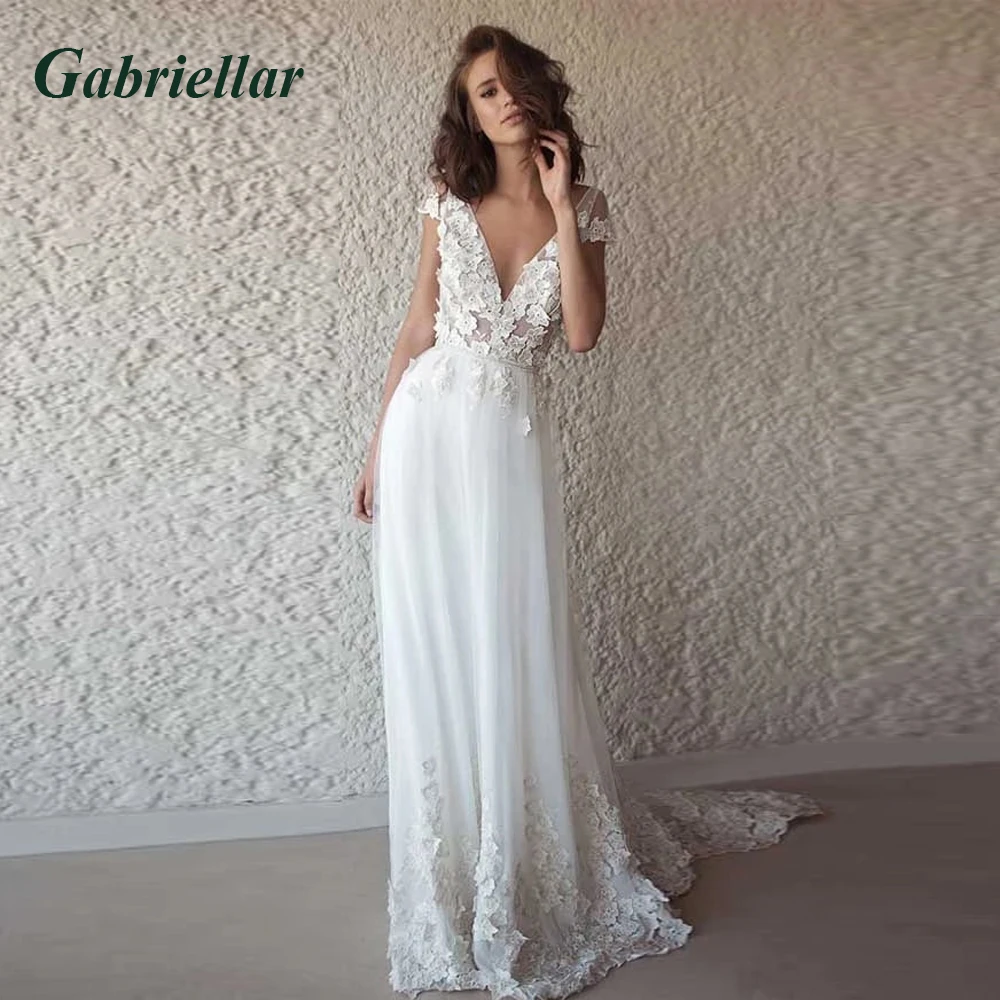

Gabriellar 2023 Wedding Gown Women V-neck Floral Appliques V-Neck Short Sleeves Backless A-line Robe De Mariée Personalised