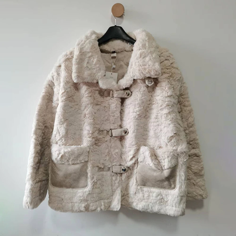 Faux Rabbit Fur Jacket Women Winter 2022 Warm Beige Pink Coat Shearling Outwear Pockets Drop Shoulder Top DropShipping