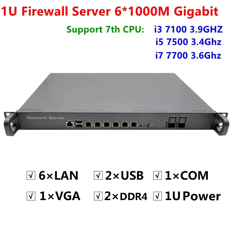 1U firewall server 6*1000M i211 Gigabit Intel Core 7th generation i5 7500 3.4Ghz i7 7700 support ROS Mikrotik Panabit Wayos etc