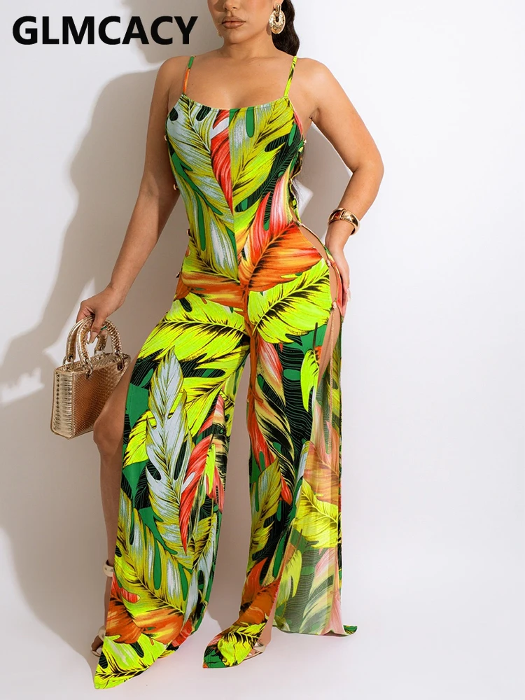 Women Spaghetti Strap Tropical Printed Jumpsuit Summer Loose Slit Overalls Jumpsuits