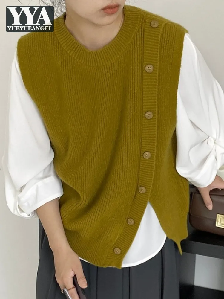 

Solid Color Women Casual Knitted Vest O-Neck Single Breasted Split Loose Fit Spring Autumn Fashion Pullover Sleeveless Sweater