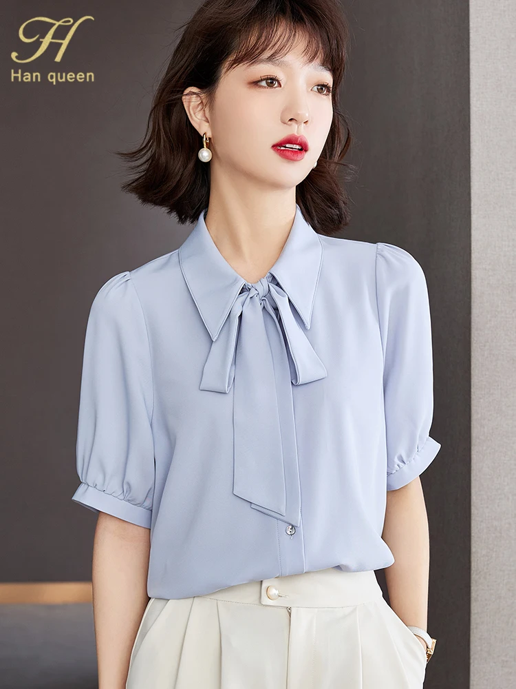 

H Han Queen Summer Bow Office Blusas Vintage Tops Simple Elegant Women Chiffon Blouse Loose Korean Short Sleeve Casual Shirts